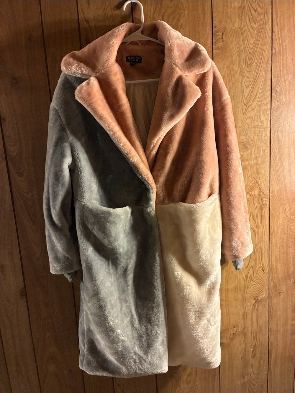 Topshop Colorblock Teddy Coat in Peach, Gray & Cream